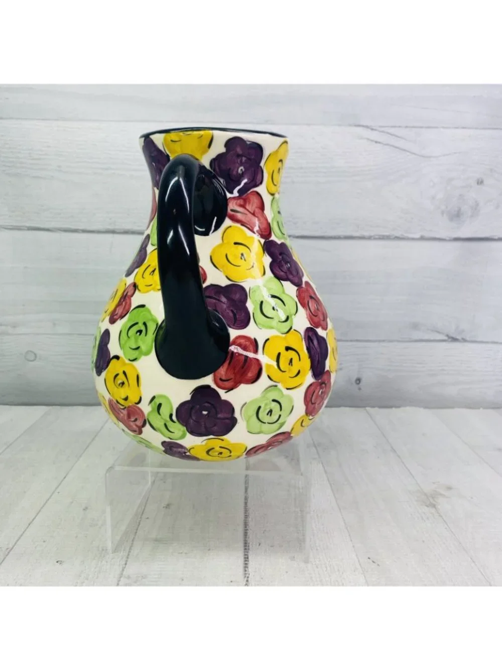 Pier 1 One MULTICOLORED FLORAL Black Trim Hand Painted Ceramic 80oz Pitcher